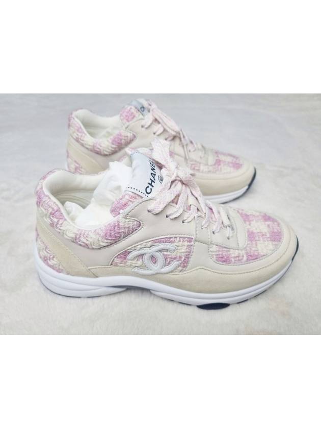 CC Logo Cotton Tweed Suede Calfskin Low Top Sneakers Pink Ecru - CHANEL - BALAAN 3