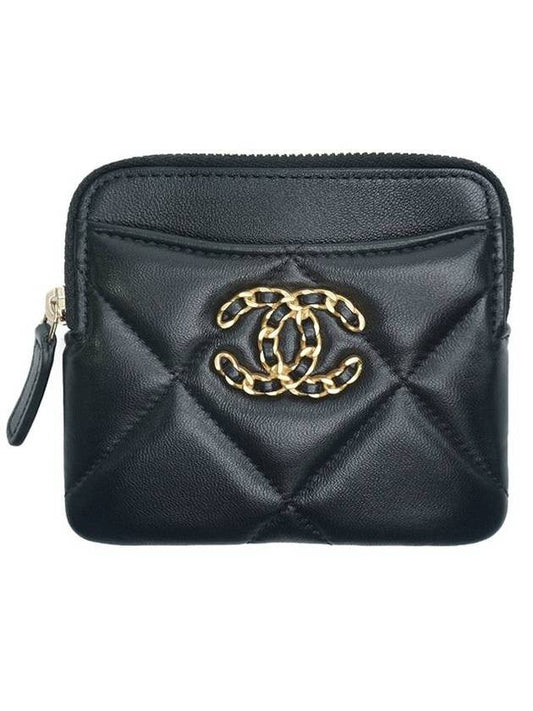 Nineteen Gold CC Logo Lambskin Zipper Card Wallet Black - CHANEL - BALAAN.