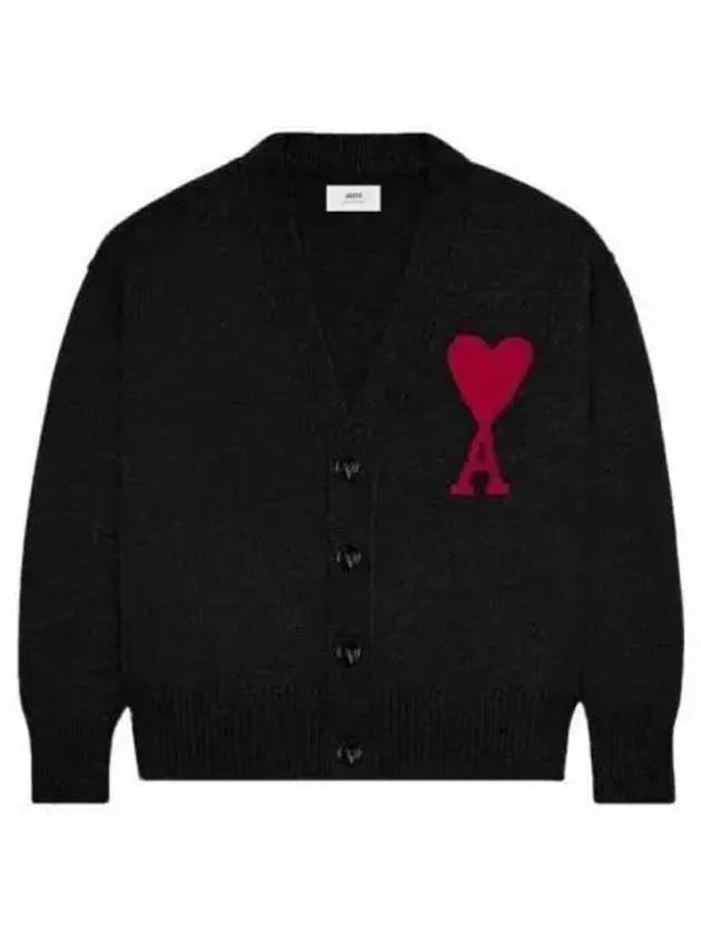 Heart Logo V Neck Wool Cardigan Black - AMI - BALAAN 2