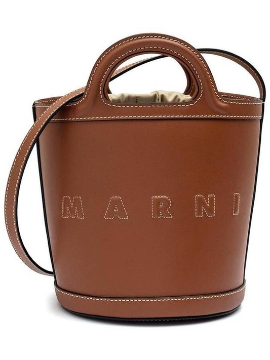 Women's Tropicalia Leather Small Bucket Bag Brown - MARNI - BALAAN 2