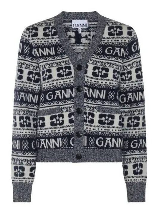 logo wool mix jacquard cardigan blue - GANNI - BALAAN 2