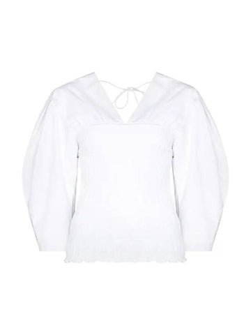 V-Neck Cotton Smock Blouse White - GANNI - BALAAN 1