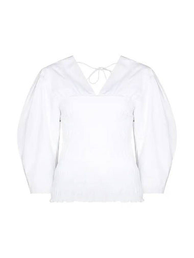 V-Neck Cotton Smock Blouse White - GANNI - BALAAN 1