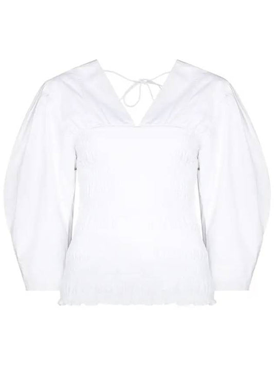 V-neck smoke cotton blouse white - GANNI - BALAAN.