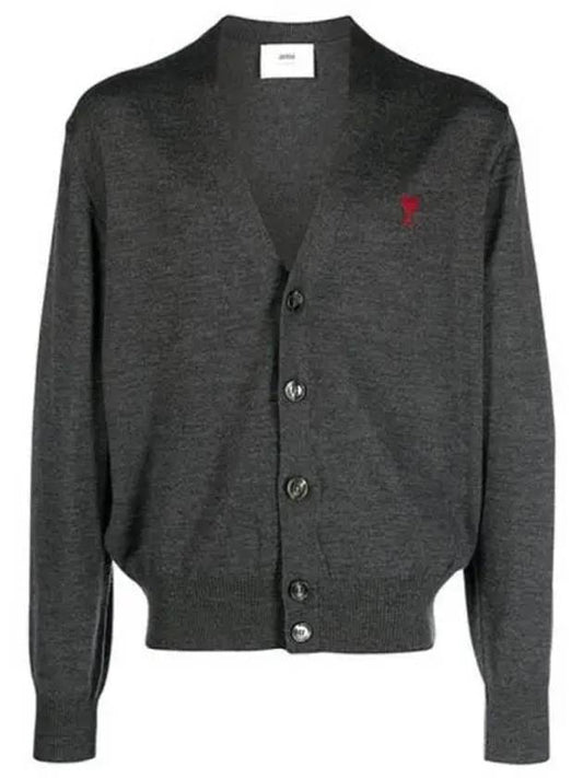 Red Heart Logo Merino Wool Cardigan Heather Grey - AMI - BALAAN 2