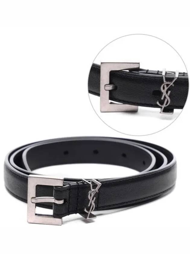 Men's Monogram Silver Buckle Leather Belt Black - SAINT LAURENT - BALAAN 2