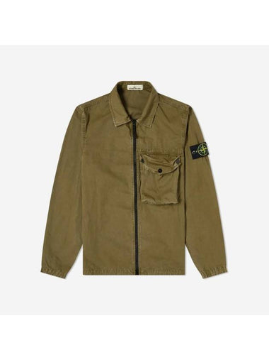 Men's Old Effect Overshirt Zip-Up Jacket Olive Green - STONE ISLAND - BALAAN 1