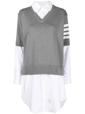 Women's 4 Bar Cotton Shirt Midi Dress White Grey - THOM BROWNE - BALAAN 1