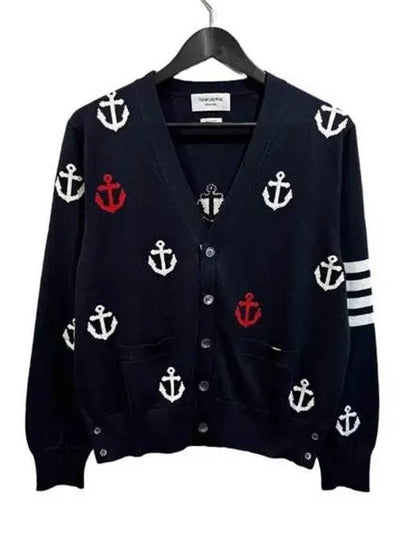 Anchor Intarsia 4-Bar V-Neck Cardigan Navy - THOM BROWNE - BALAAN 2