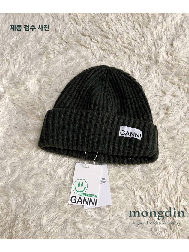 Logo Patch Knit Beanie Green - GANNI - BALAAN 5