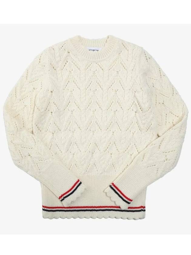 Women's Pointel Cable Merino Wool Pullover Knit Top White - THOM BROWNE - BALAAN 4