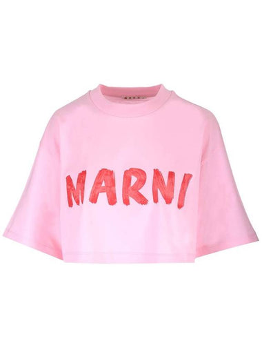 Logo Cotton Crop Short Sleeve T-Shirt Pink - MARNI - BALAAN 1