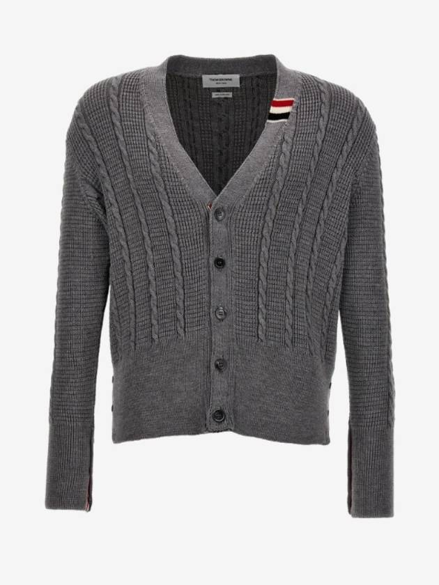 Cable Knitwear Virgin Wool Cardigan Grey - THOM BROWNE - BALAAN 5