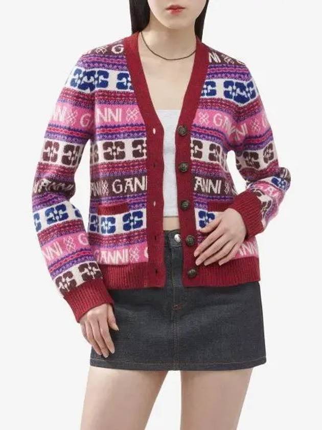 Intarsia Logo V-Neck Wool Mix Cardigan Pink - GANNI - BALAAN 2