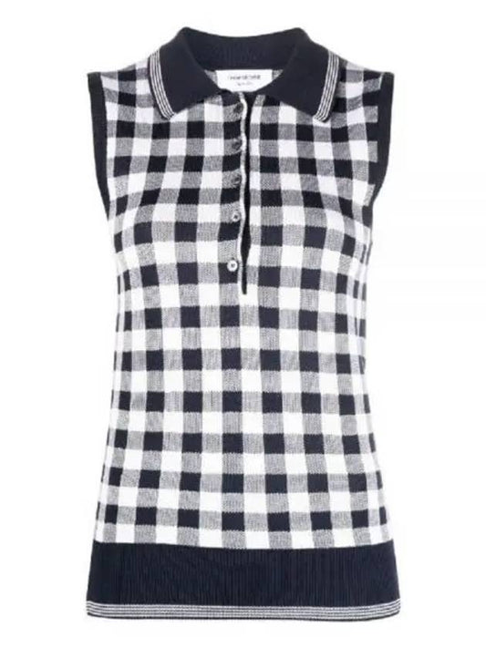 Gingham Silk Jacquard 4 Bar Polo Sleeveless Cardigan Navy - THOM BROWNE - BALAAN 2