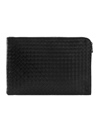 Intrecciato Weaving Zipper Medium Clutch Bag Black - BOTTEGA VENETA - BALAAN 1