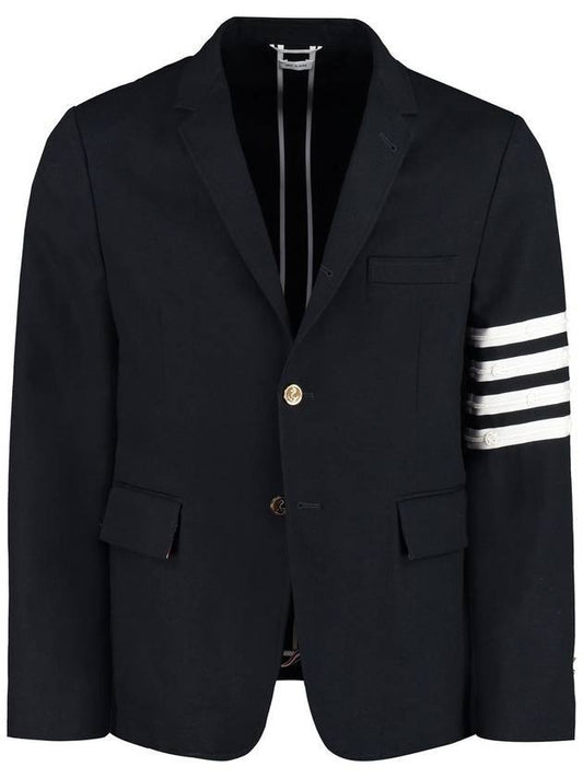 Men's Navy Diagonal Armband Cotton Single Blazer Jacket - THOM BROWNE - BALAAN.