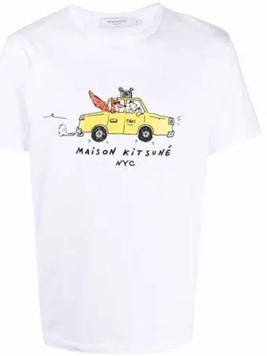 Oly Taxi Fox Print Round Cotton Short Sleeve T-Shirt White - MAISON KITSUNE - BALAAN 2