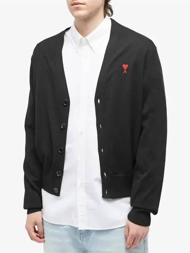 Red Heart Logo Merino Wool Cardigan Black - AMI - BALAAN 4