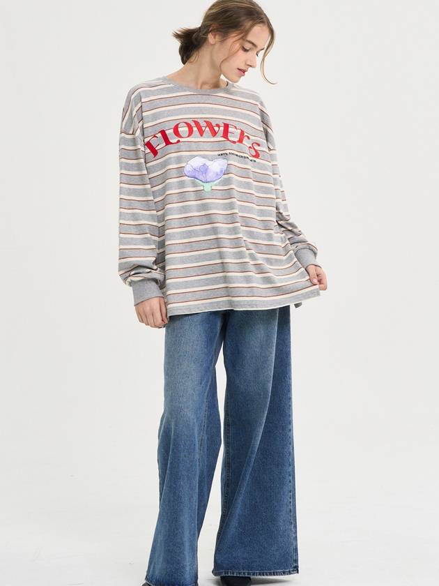 Flowers Stripe T Shirt Gray - SORRY TOO MUCH LOVE - BALAAN 1