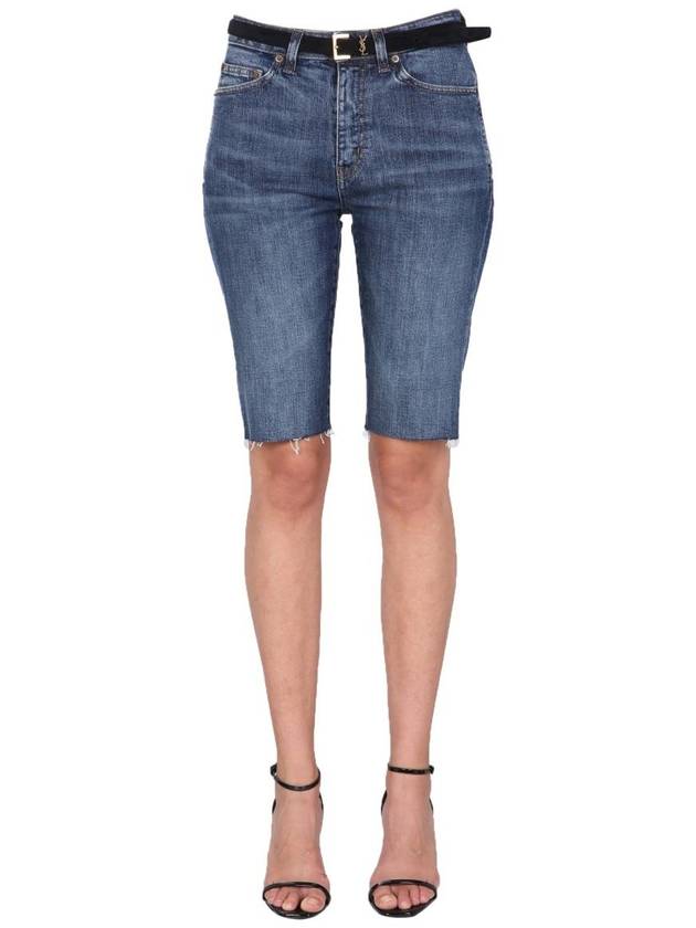 Women's Knee Length Denim Cotton Shorts Blue - SAINT LAURENT - BALAAN 2