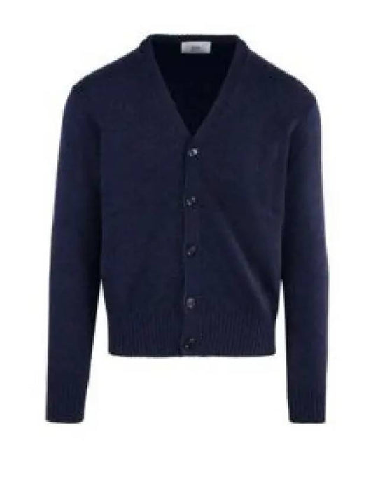 Heart Logo V Neck Cashmere Cardigan Navy - AMI - BALAAN 2