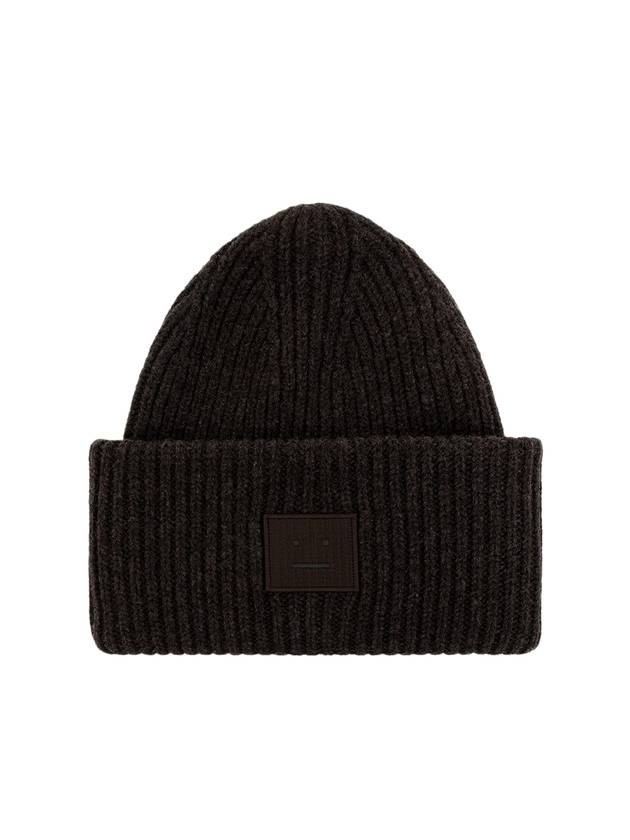 Face Patch Ribbed Wool Beanie Grey Brown Melange - ACNE STUDIOS - BALAAN 1