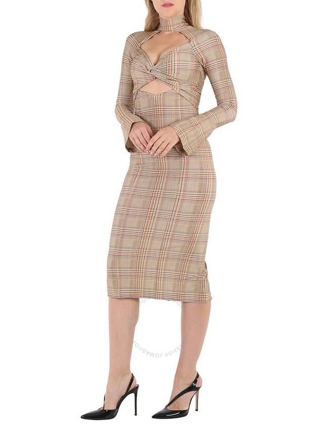 Burberry Ladies Dark Honey Cut-Out Checked Midi Dress, Brand Size 8 (US Size 6) - BURBERRY - BALAAN 2