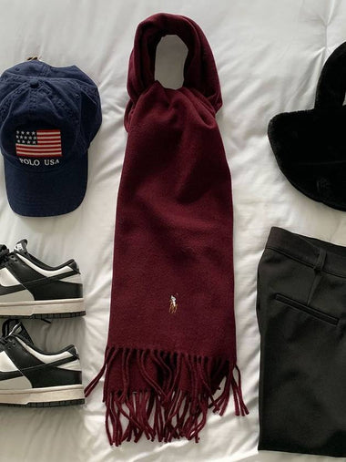 Women Men Multi Pony Logo Wool 100 Fringe Muffler Harvard Wine PC1047 613 - POLO RALPH LAUREN - BALAAN 1