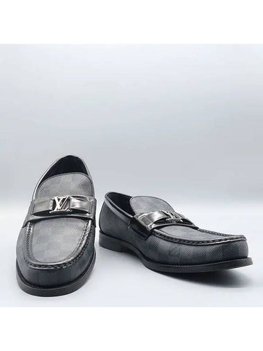 1A4OL4 Damier canvas black leather silver LV logo major men s loafers size 8 5 - LOUIS VUITTON - BALAAN 1