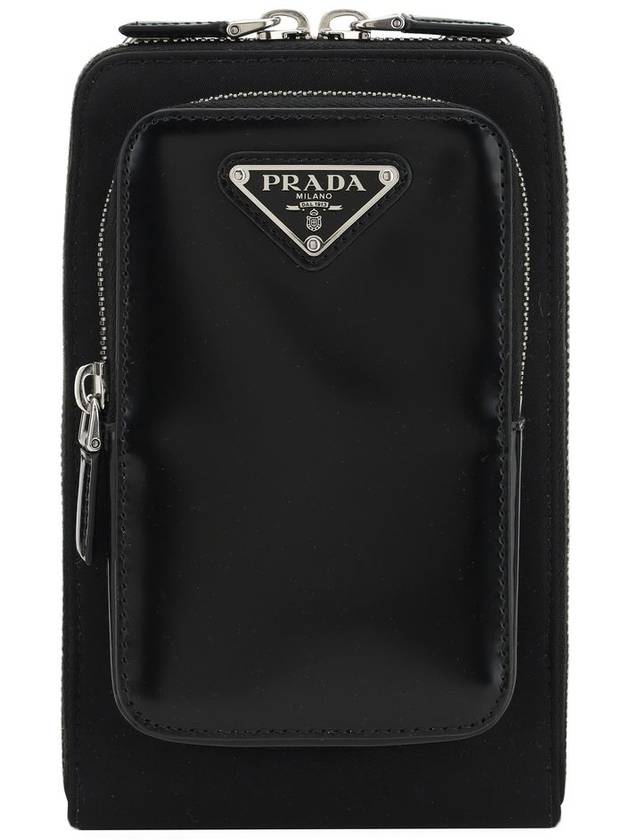 Triangle Logo Brushed Leather Phone Case Cross Bag Black - PRADA - BALAAN 2