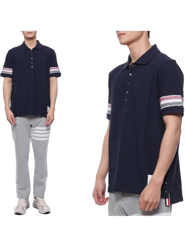 Men's RWB Stripe Cotton Polo Shirt Navy - THOM BROWNE - BALAAN 3