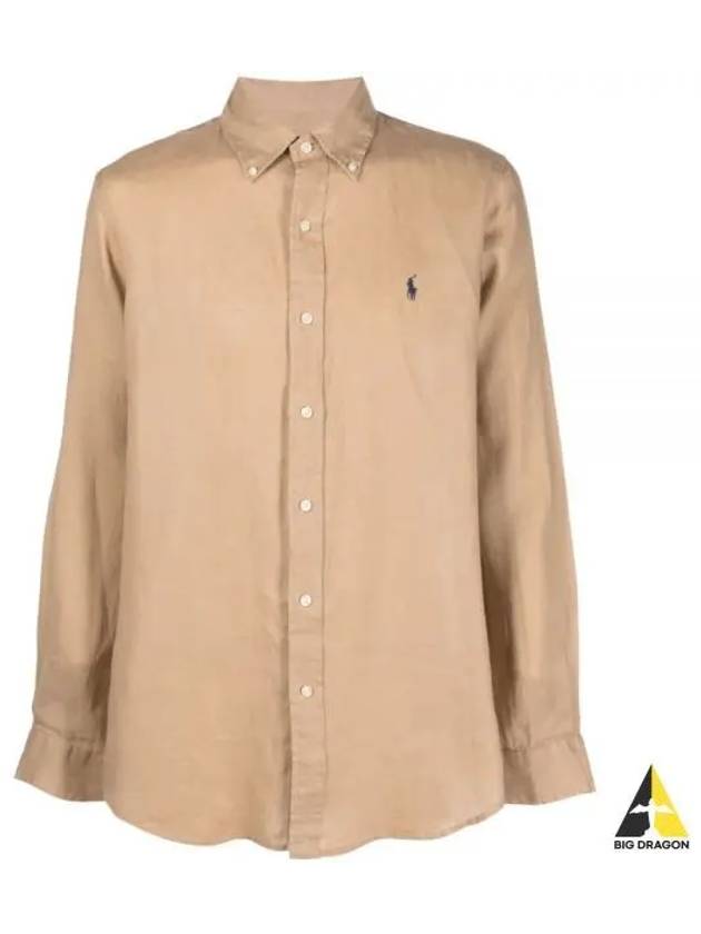 Embroidered Logo Linen Long Sleeve Shirt Brown - POLO RALPH LAUREN - BALAAN 2