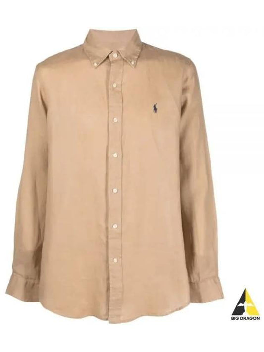 Embroidered Logo Linen Long Sleeve Shirt Brown - POLO RALPH LAUREN - BALAAN 2