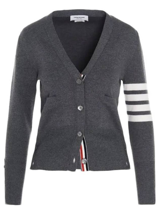 Milano Stitch 4 Bar Classic V Neck Fine Merino Wool Cardigan Medium Grey - THOM BROWNE - BALAAN