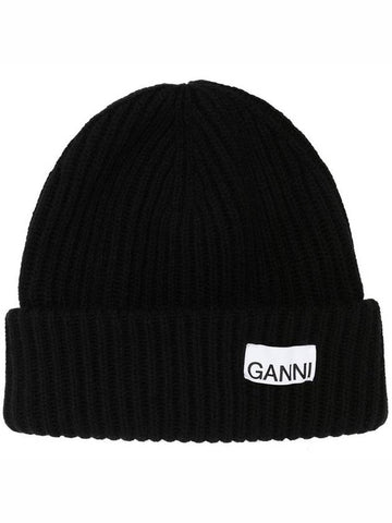 Black Ribbed Logo Patch Beanie A4429 - GANNI - BALAAN 1