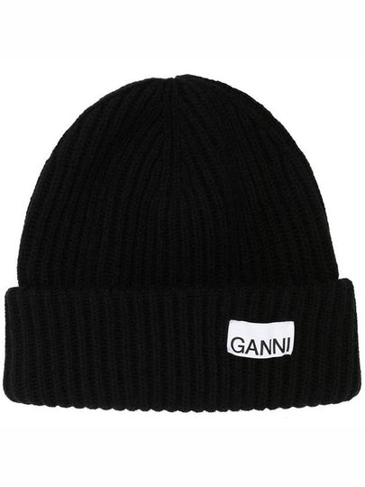 Logo Patch Knit Beanie Black - GANNI - BALAAN 2