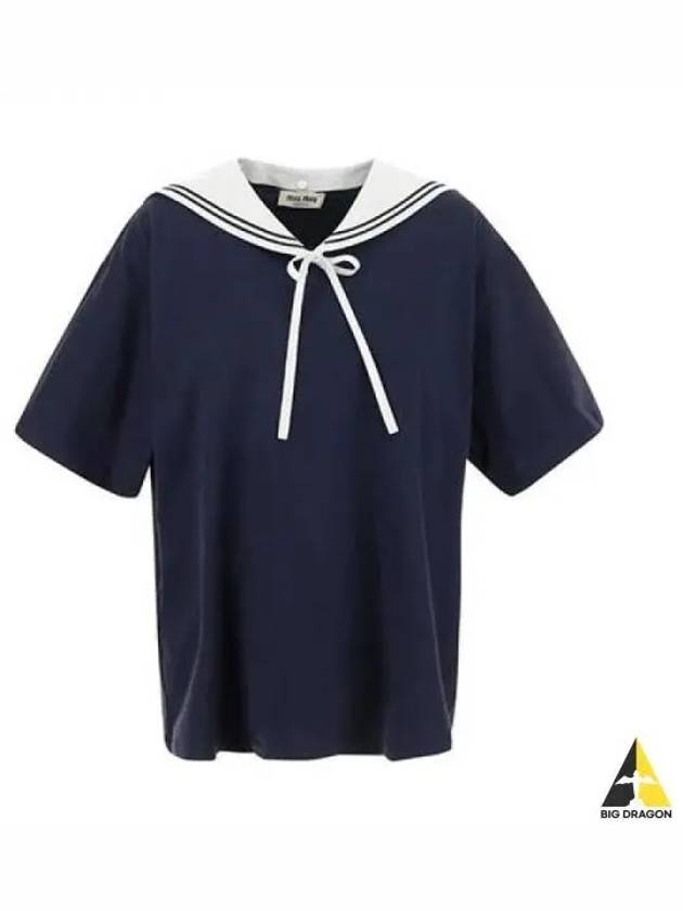 MIU Women s Sailor Collar Short Sleeve T Shirt Navy MJN461 11EC - MIU MIU - BALAAN 1