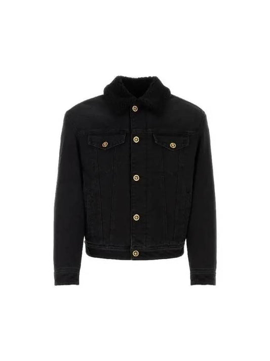 Shearling Collar Cotton Denim Jacket Black - VERSACE - BALAAN 2