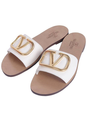 V Logo Signature Leather Slippers White - VALENTINO - BALAAN 1