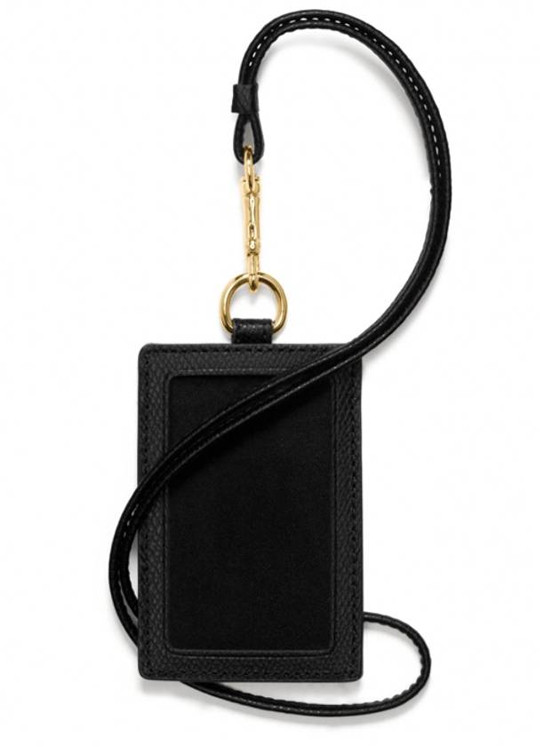 Cross Grain Leather Lanyard ID Case Necklace Card Wallet Black - COACH - BALAAN.