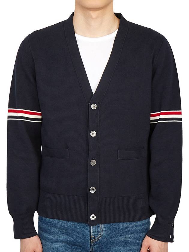 Milano Stitch Sprite Armband Cotton V-neck Cardigan Navy - THOM BROWNE - BALAAN 3