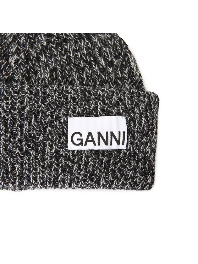 Logo Patch Ribbed Knit Beanie Black - GANNI - BALAAN 5