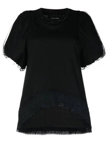 Lace trimmed tulle short sleeve t shirt black white TS338TB0553 - SIMONE ROCHA - BALAAN 1