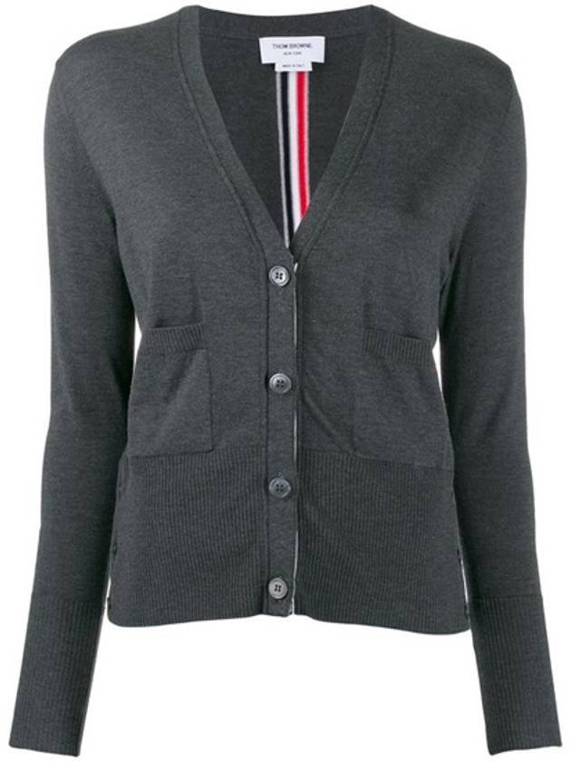 Silk Cotton Blend Relaxed V-Neck Cardigan Dark Grey - THOM BROWNE - BALAAN 2