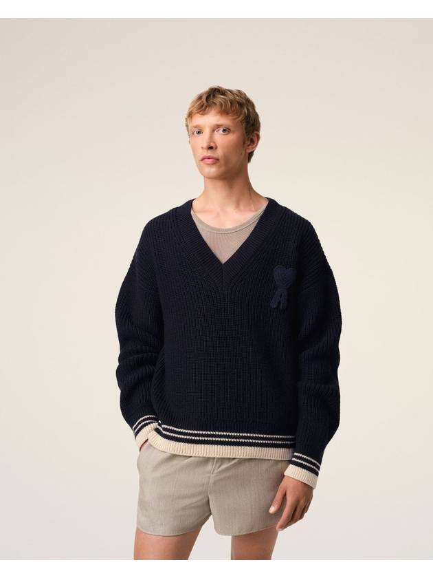 Ribbed V-Neck Wool Knit Top Navy - AMI - BALAAN 2