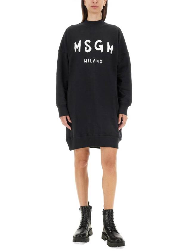 Milano Brushed Logo Print Long Sleeve Short Dress Black - MSGM - BALAAN 3