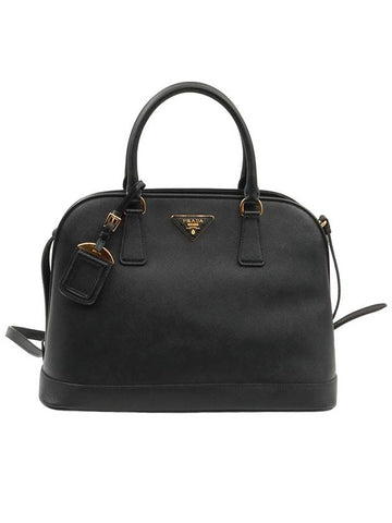 Black Saffiano Leather Gold Triangle Logo Bowling 2WAY - PRADA - BALAAN 1