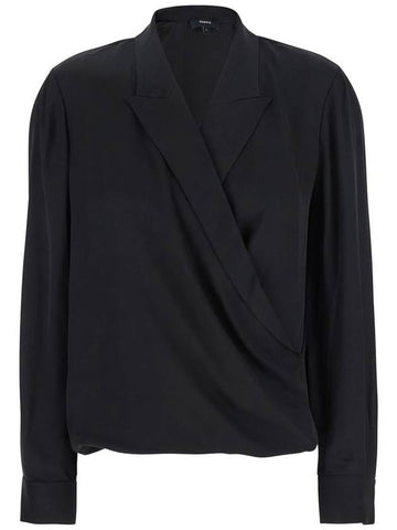 Black Blouse With Peak Revers And Crossover Neck In Silk Woman - THEORY - BALAAN 1