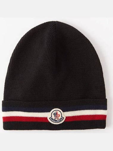 Tricolor Stripe Logo Patch Stretch Knit Wool Beanie Black I2 091 3B00045 A9575 999 - MONCLER - BALAAN 1